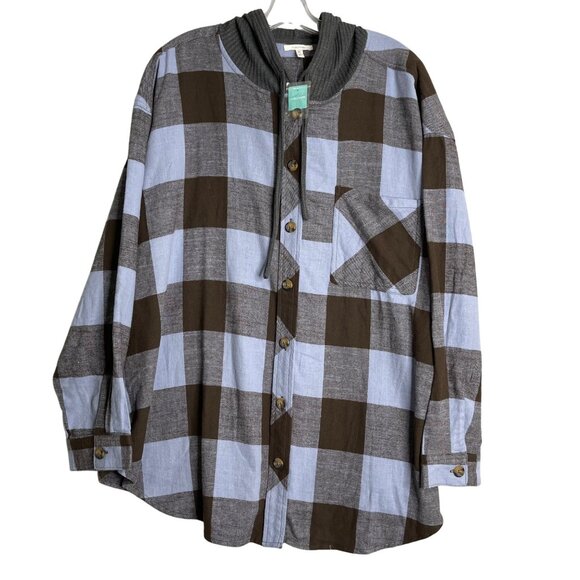 Maurices Tops - New Maurices Cabin Plaid‎ Hooded Boyfriend Shirt Womens Plus Size 3X Blue Brown